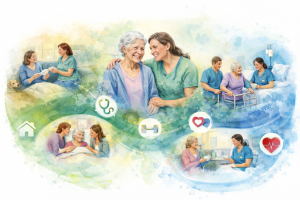 Older adult woman with a variety of in-home care services