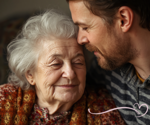 Adult male family caregiver with elderly woman