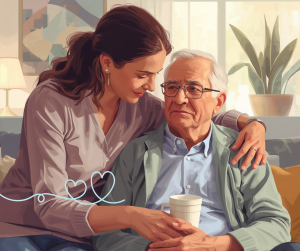 Family caregiver with elderly man with dementia