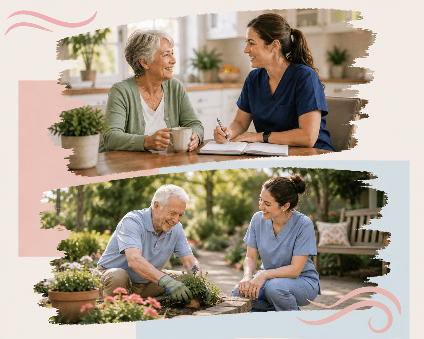 Compassionate nurse providing palliative care and support to elderly seniors indoors and gardening outdoors.