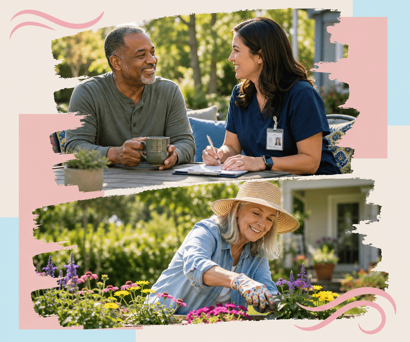 Compassionate nurse taking notes with a senior man outdoors and an elderly woman gardening in a sunlit yard.