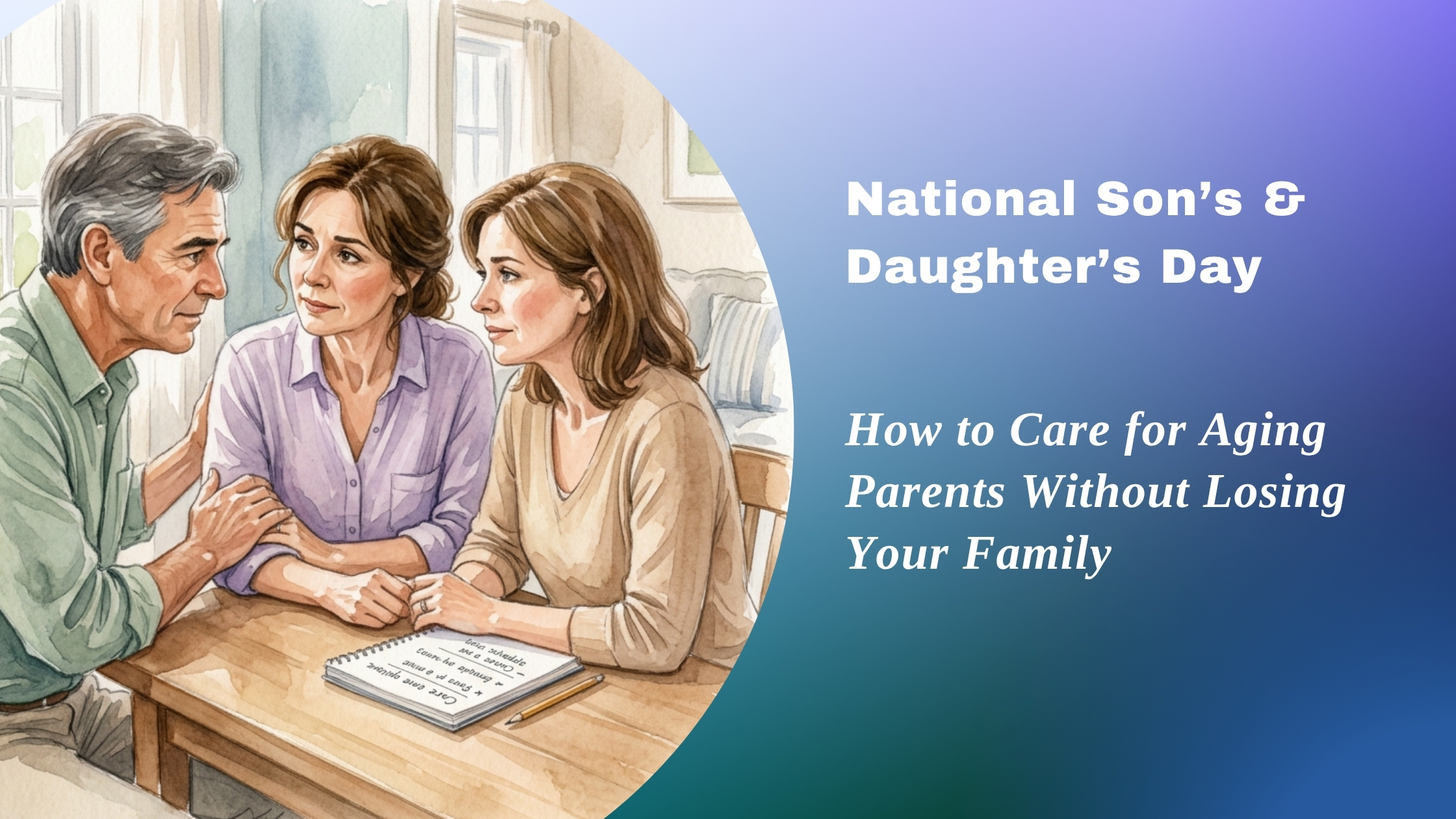 Siblings in a family discussing caring for a parent