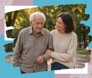 Compassionate female caregiver supporting an elderly man during an outdoor walk in Northeastern Illinois.